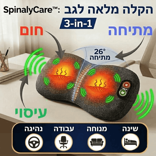 SpinalyCare 3-in-1 product with heating elements and massage functions on a desk.