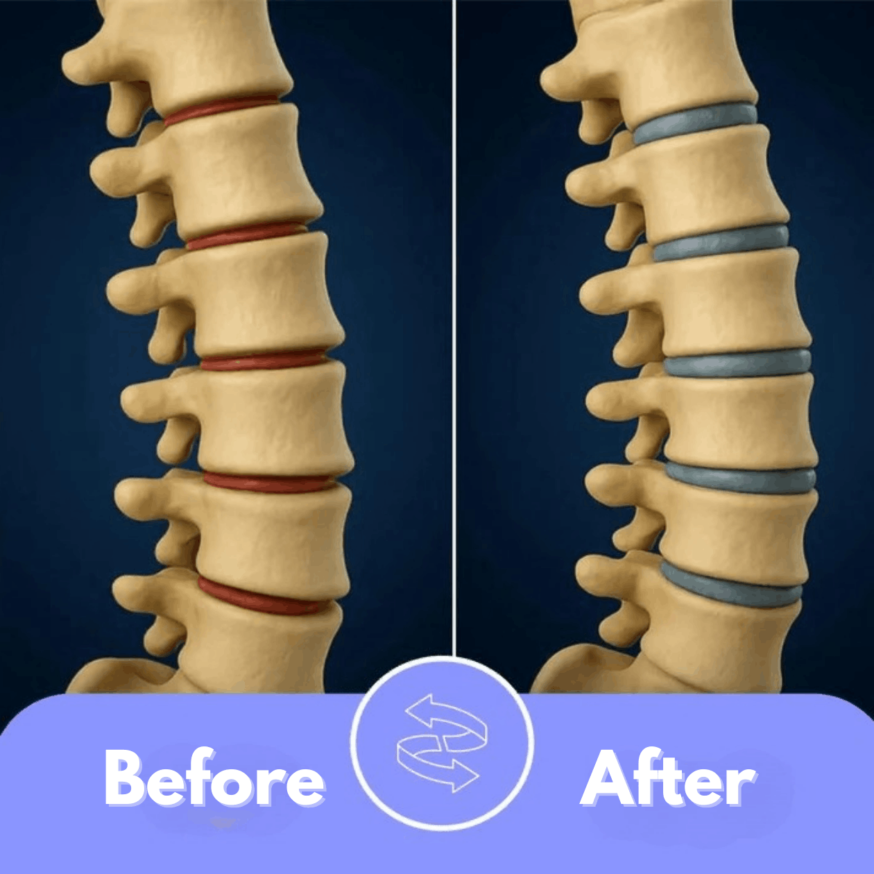 Comparison of a spine before and after an intervention, with 'Before' on the left and 'After' on the right.