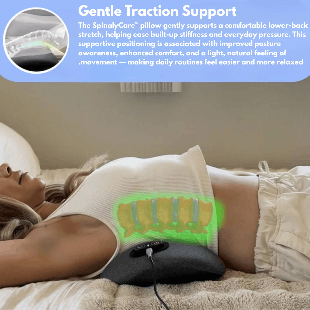 Person lying on a bed with a SpinalCare pillow, featuring text about gentle traction support.