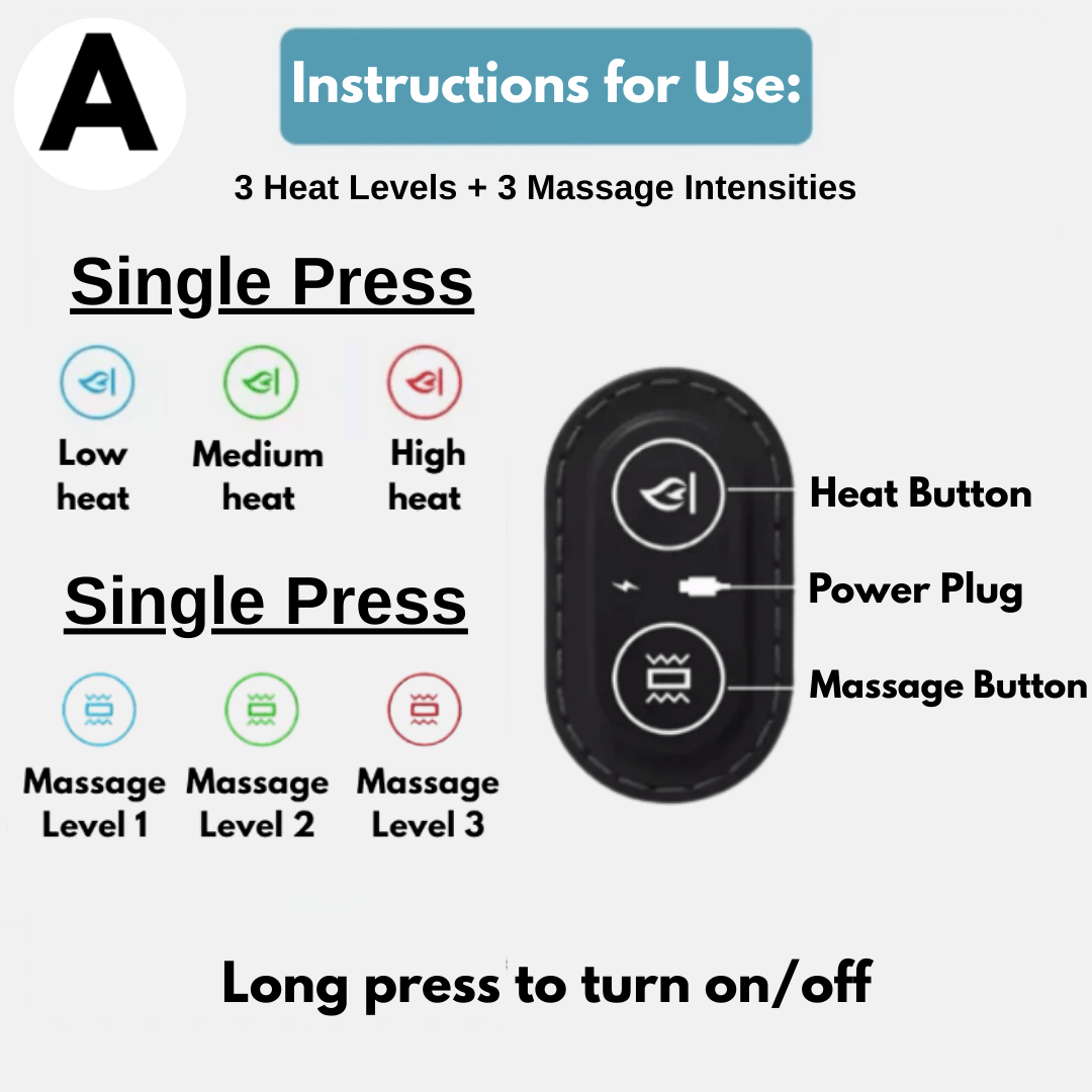 Instructions for use of a pillow device with heat and massage control buttons.
