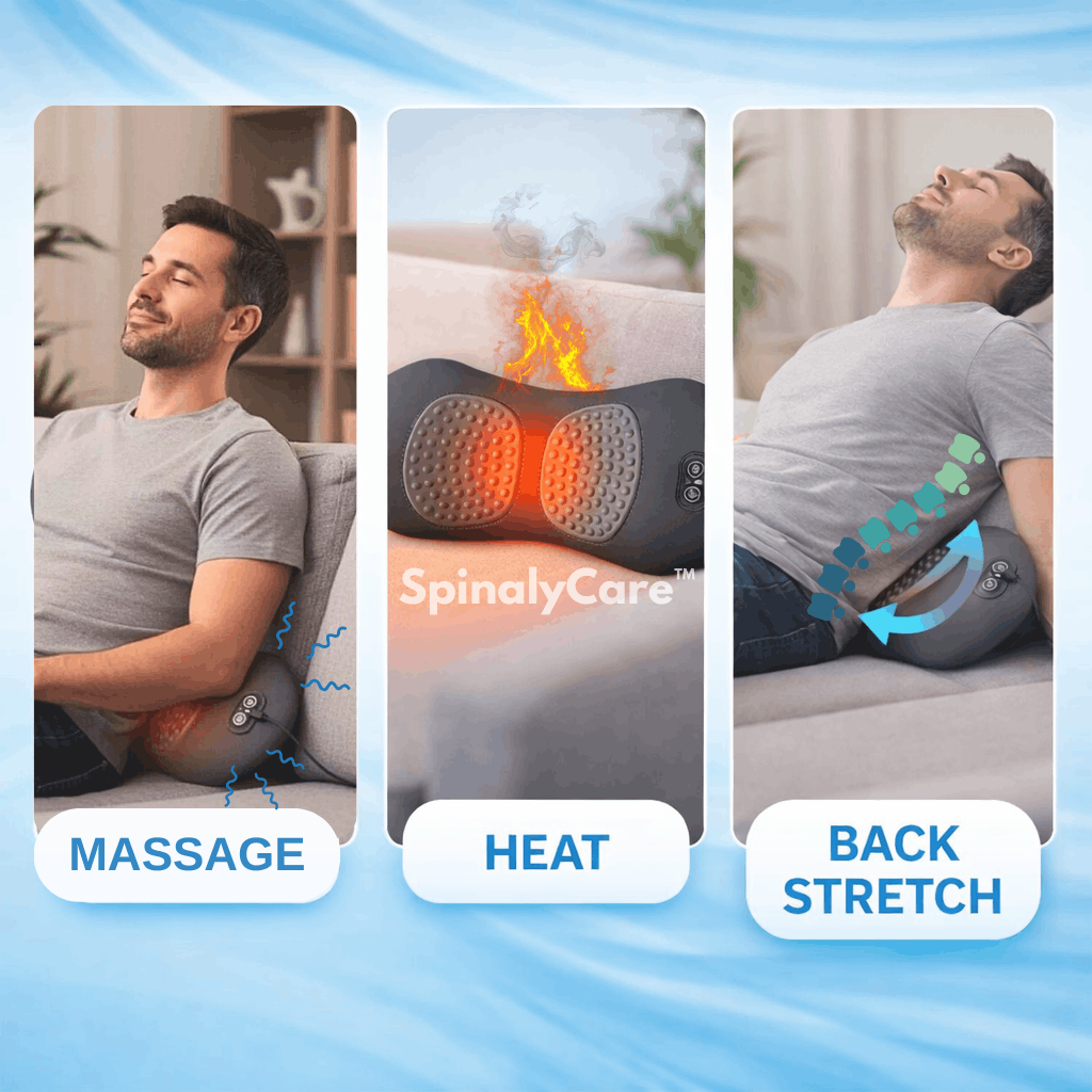Three panels showing a person using a back pillow with massage, heat, and back stretch features.