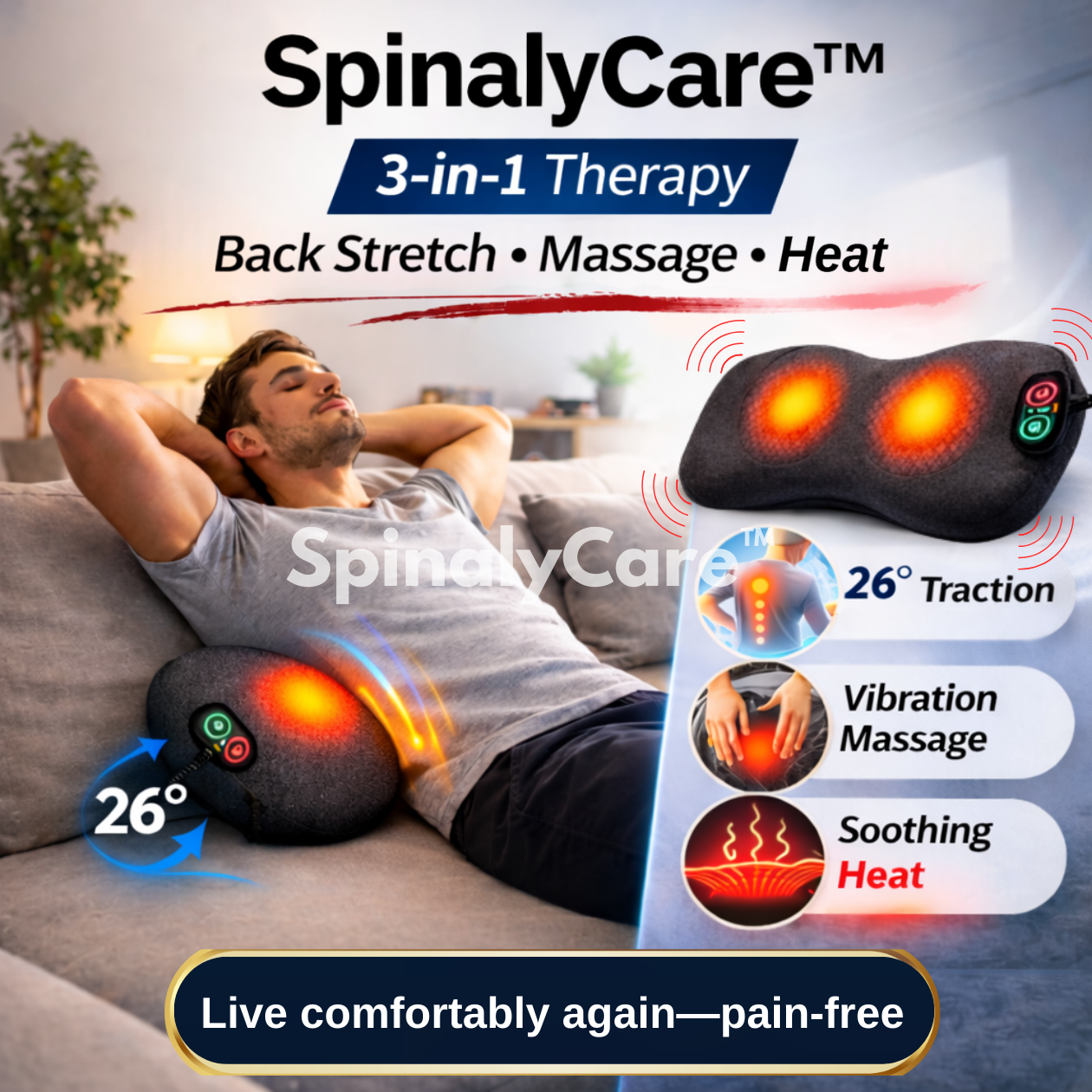 SpinalyCare 3-in-1 therapy device with a man using it on a couch, showing back stretch, massage, and heat functions.