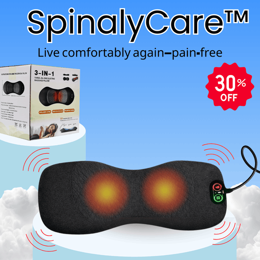 SpinalyCare neck massager with packaging and promotional text on a blue background