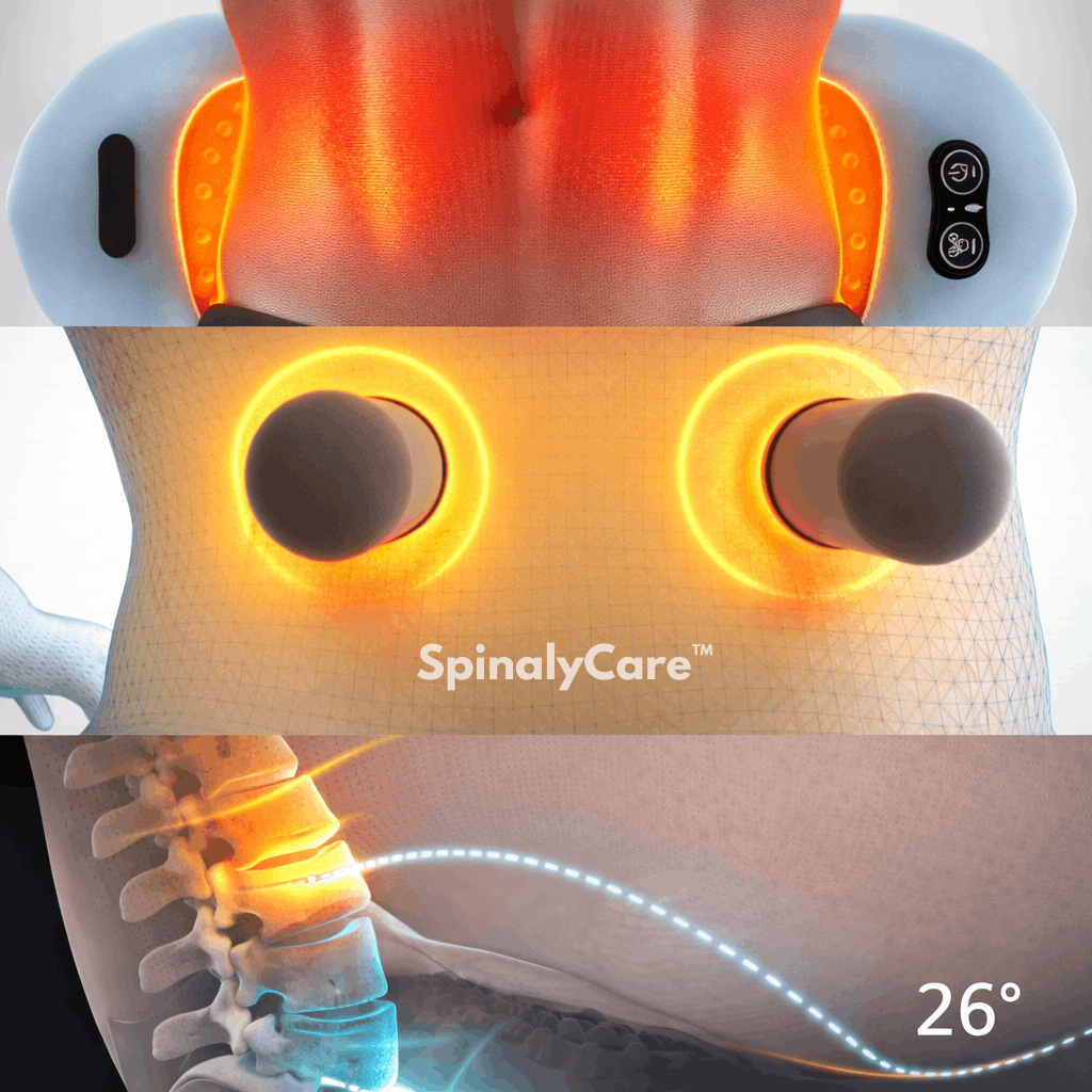 SpinalyCare device with glowing elements and a detailed illustration of a spine.  
Heat • Vibration • Traction