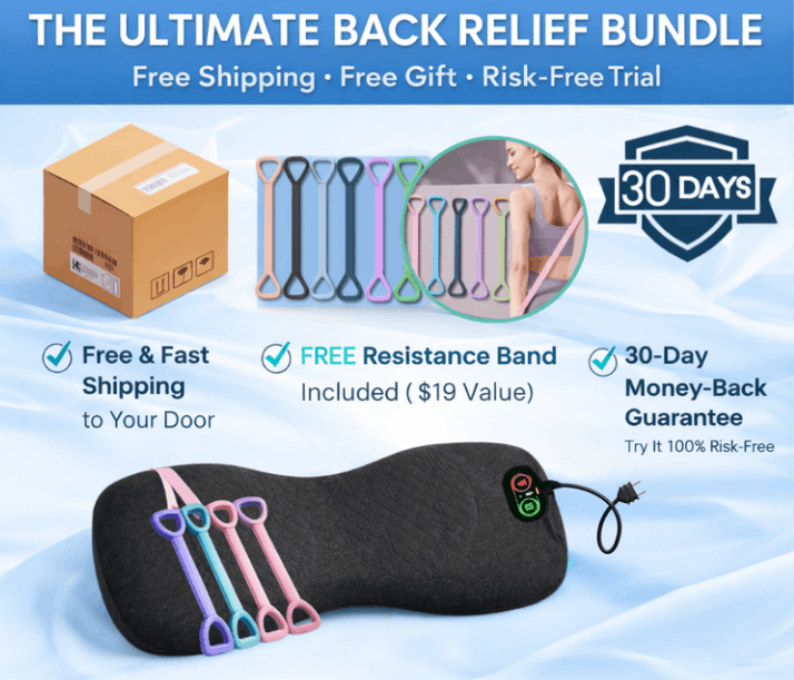 Back relief bundle with resistance bands and a pillow on a blue background